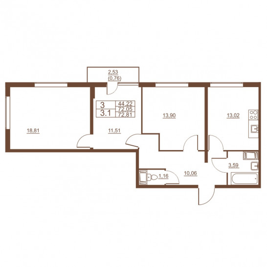 Трёхкомнатная квартира 71.35 м²