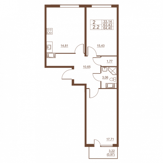 Двухкомнатная квартира 64.4 м²