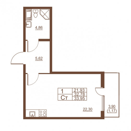 Студия 33.95 м²
