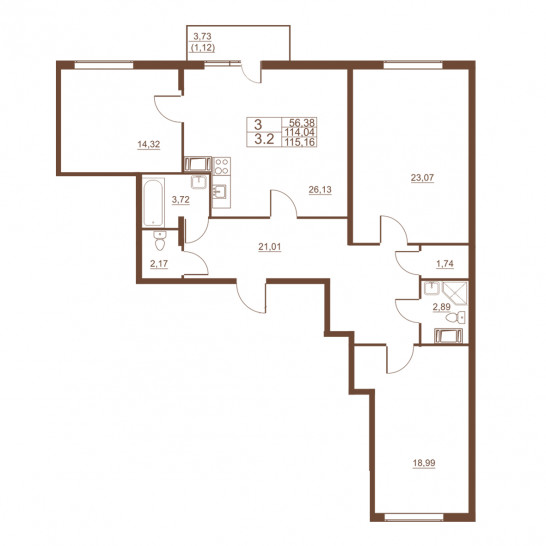Трёхкомнатная квартира 115.16 м²